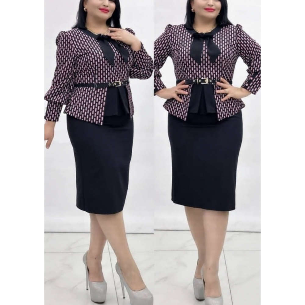 Feminine Corporate 2-Piece Set (Print Blouse & Pencil Skirt Set)